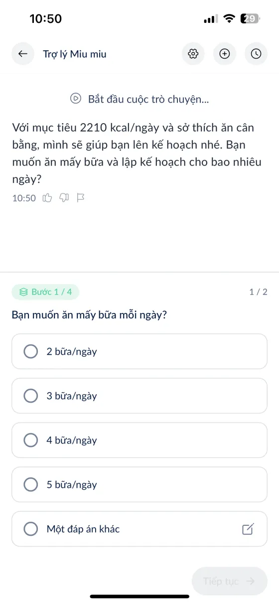 Màn hình trò chuyện với trợ lý Miu